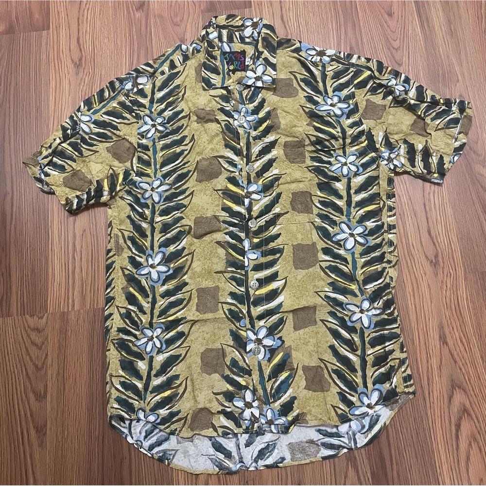 Jams World Shirt Mens Small Yellow Blue Floral Camp Button-Up